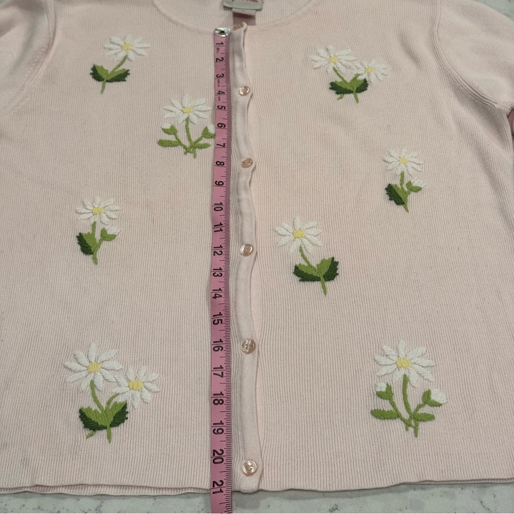 VINTAGE Crystal Kobe Pink Floral Embroidered Cardigan Sweater Buttons Women’s L - Picture 8 of 13